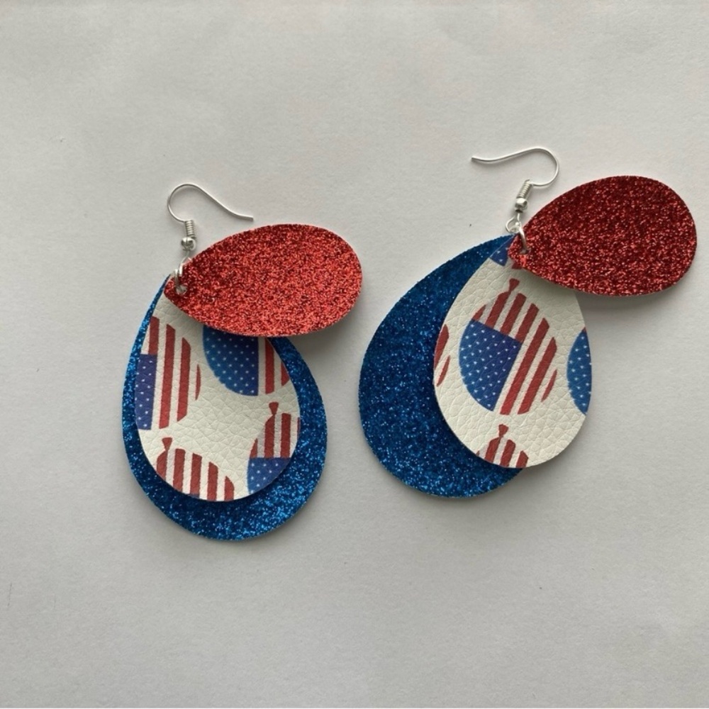 Hand Crafted Patriotic Faux Leather Layered Red Blue Glitter Teardrop Ea… - Picture 3 of 5